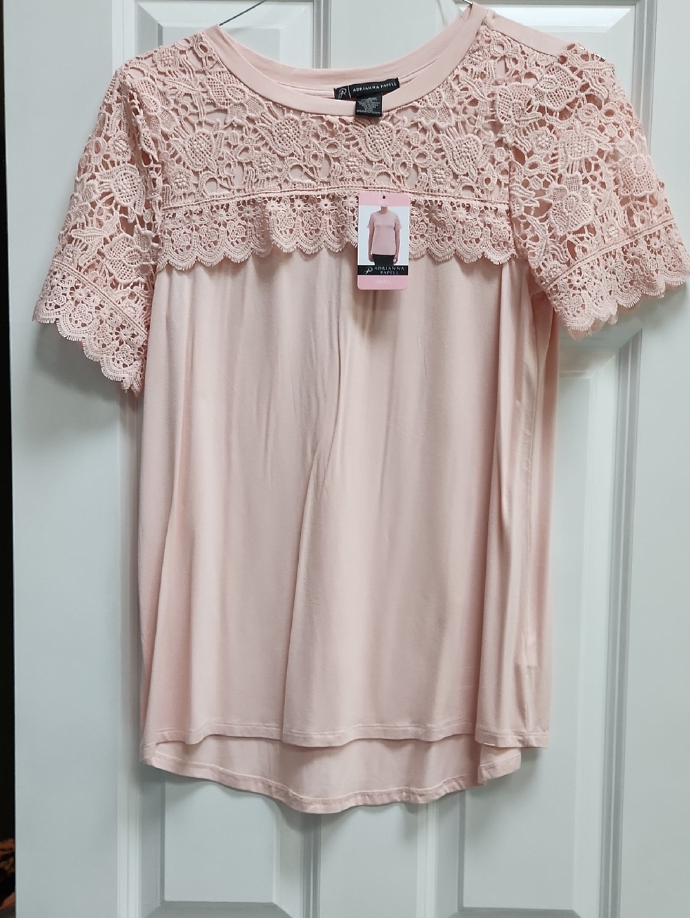 Adrianna Papell Blush Pink Short Sleeve Lace Yoke Top